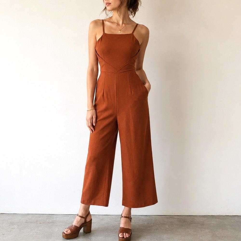 VTG 70s Handmade Jumpsuit Rust Brown Wide Leg XS Boho Retro Artsy